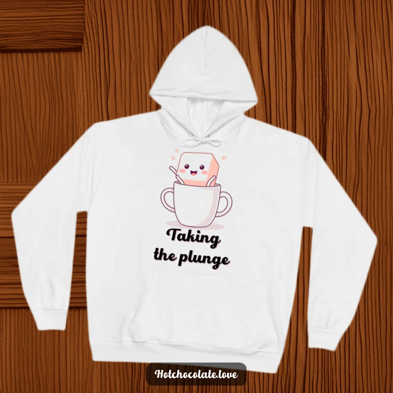 Funny Hoodie showing a playful sugar cube jumping with enthusiasm, offering warmth and a touch of sweet fun.