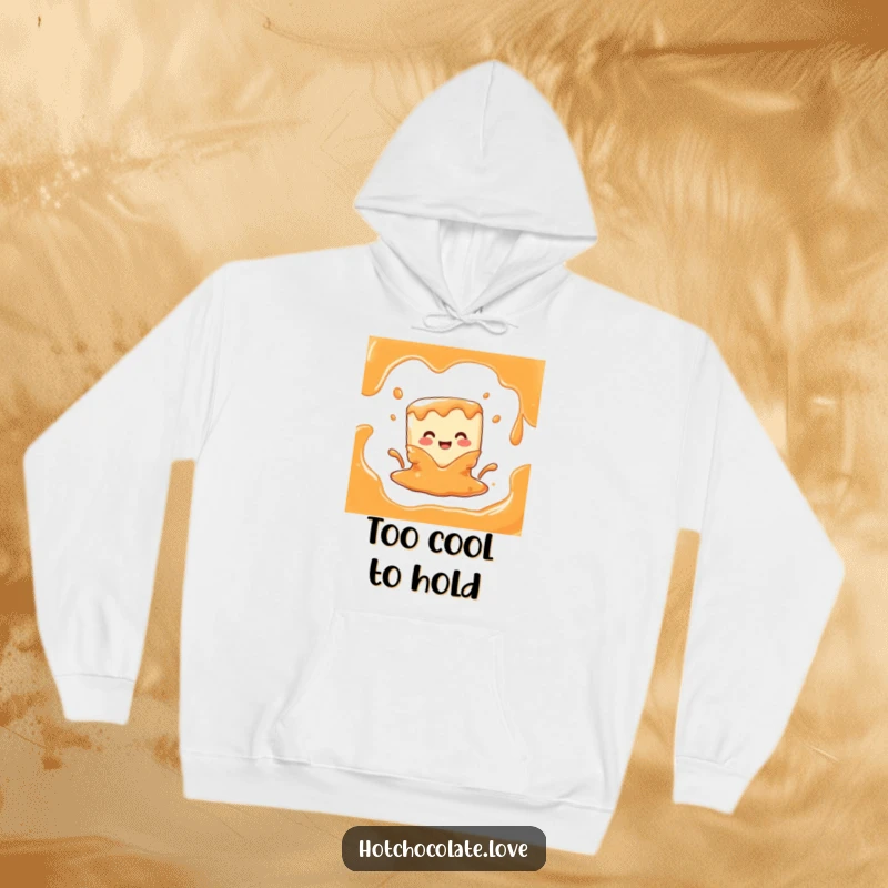 Funny hoodie depicting a cheerful caramel cube character melting into a luscious puddle, offering warmth and a dose of sweet comedy.