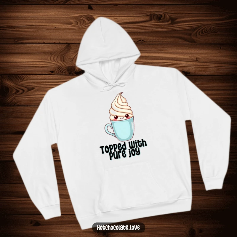 Funny whipped cream character popping out of a mug, printed on a warm and humorous hoodie for coffee enthusiasts.
