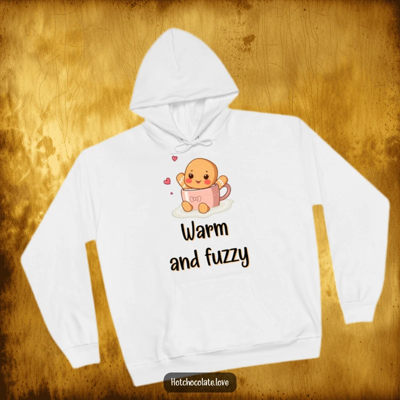 Funny gingerbread person happily swimming in a delicious hot chocolate bath, featured on a warm hoodie.