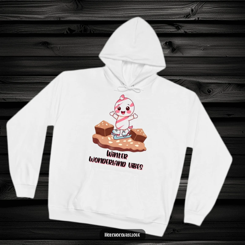 Funny candy cane character ice skating on chocolate, depicted on a cozy hoodie for maximum warmth and holiday laughs.