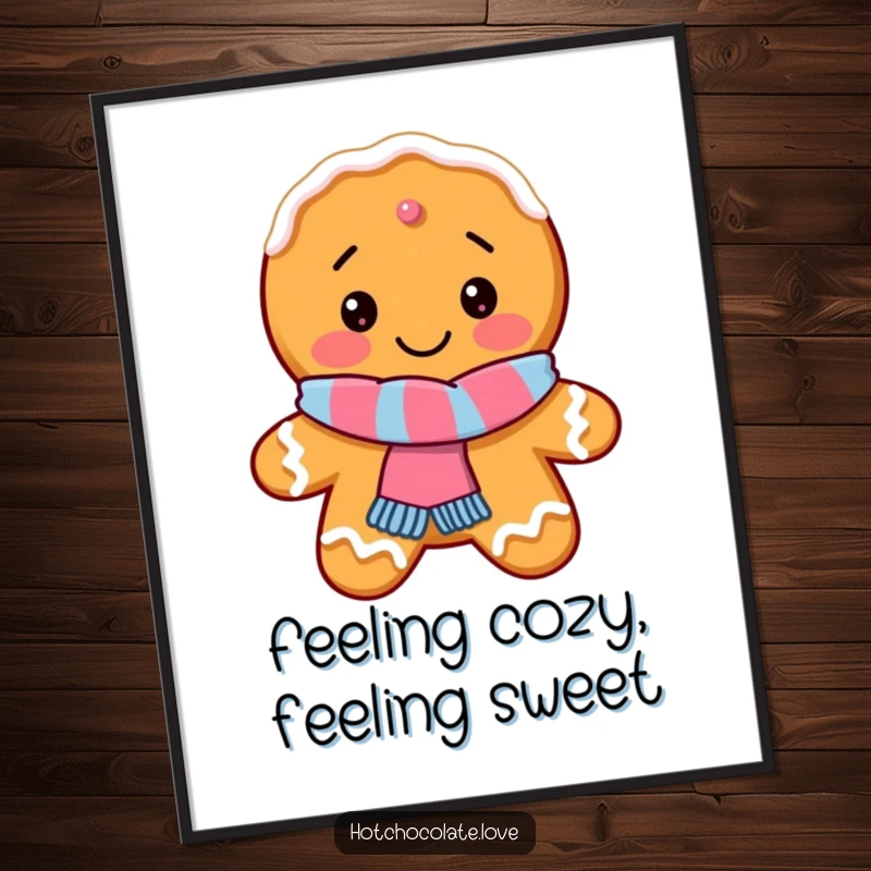 Funny Free Printable Wall Art: A delighted gingerbread cookie proudly wearing a tiny, fashionable scarf, ready to charm.