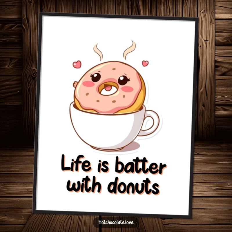 Funny Free Printable Donut Wall Art, happily floating in hot chocolate, a sweet and bouncy piece of downloadable decor.