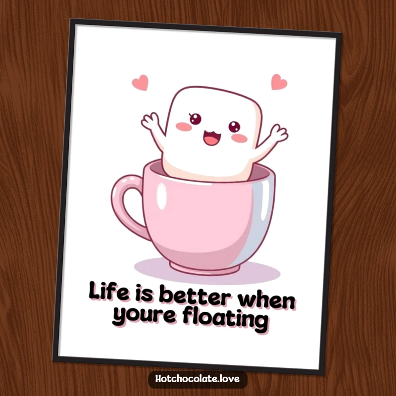 Funny Free Printable Wall Art: A happy, waving marshmallow floating serenely in a warm mug, radiating cozy vibes.