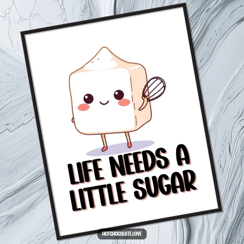 Funny Free Printable Sugar Cube Art: A happy sugar cube perfectly balancing a tiny whisk, radiating sweetness and playful charm.