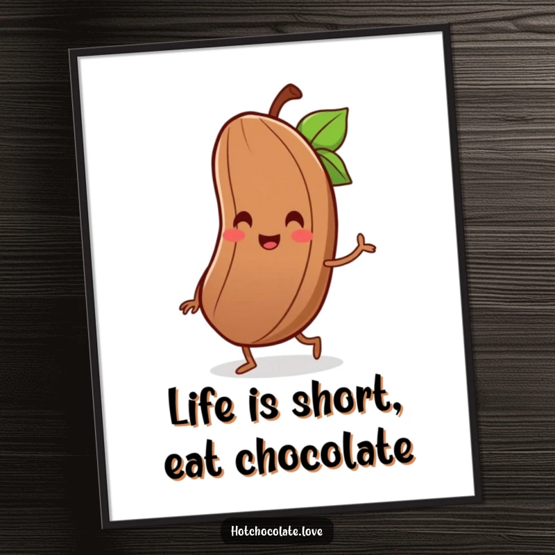 Funny Free Printable Wall Art: Delighted cocoa bean with a tiny smile, doing a happy little dance, cheerful.