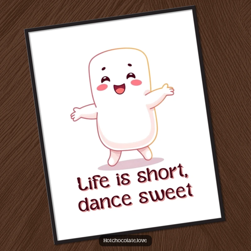 Funny Free Printable Wall Art: A happy marshmallow character in mid-dance, with arms and legs in motion.