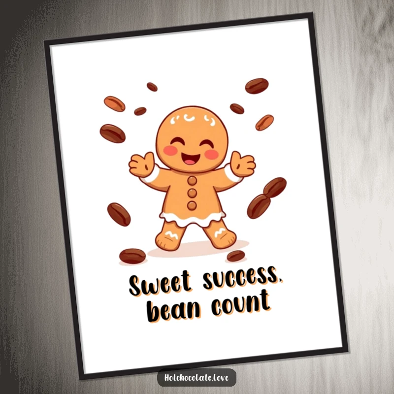 Funny Free Printable Wall Art of a happy gingerbread man character gleefully juggling cocoa beans, adding festive charm.