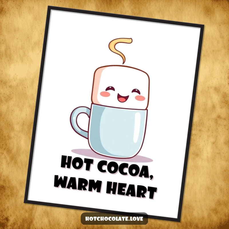Funny Free Printable Wall Art of a joyful marshmallow character stirring a steaming mug, radiating warmth and happiness.
