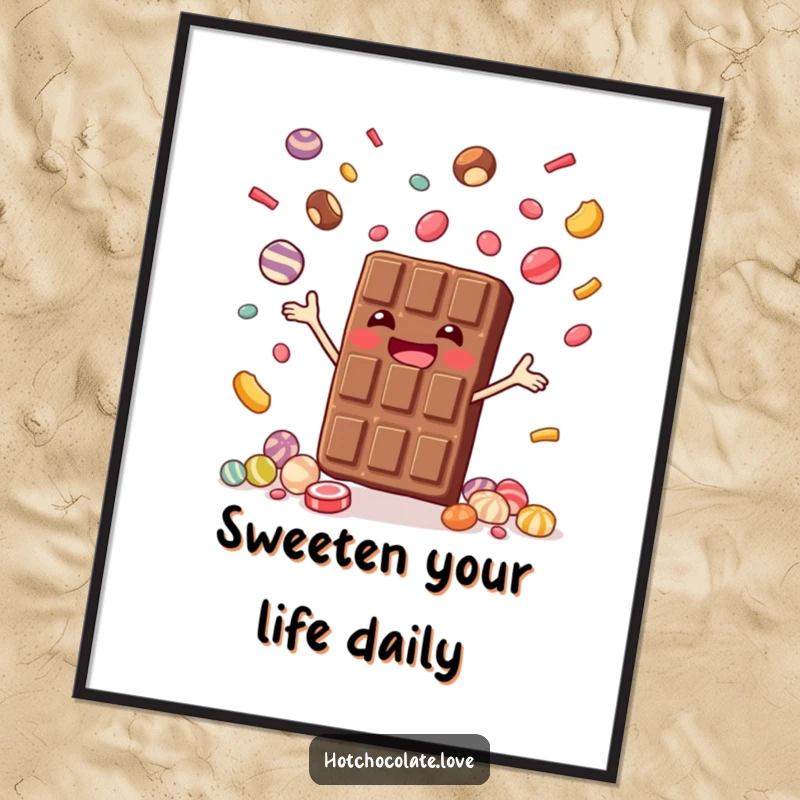 Funny free printable wall art depicting a happy chocolate bar masterfully juggling small, colorful candies.