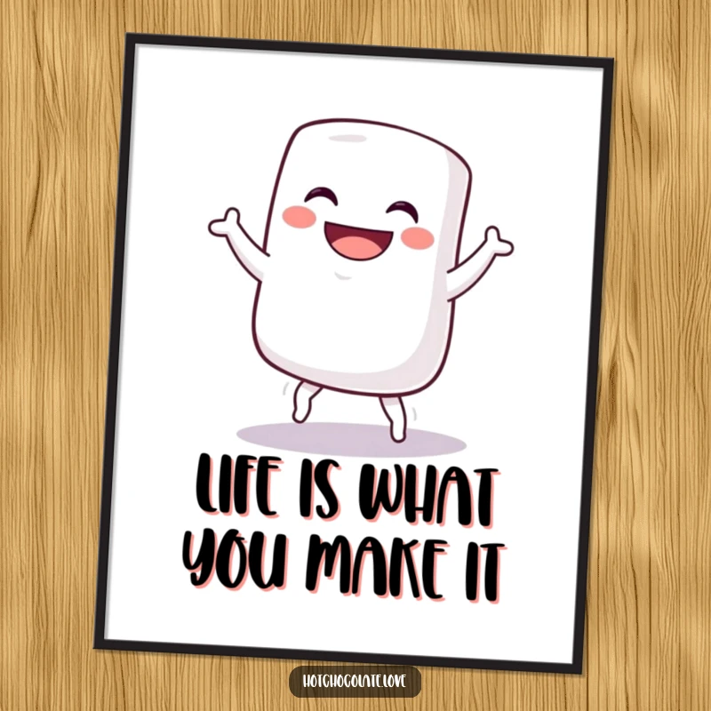 Funny free printable wall art of a grinning marshmallow in mid-dance, expressing pure, silly joy.