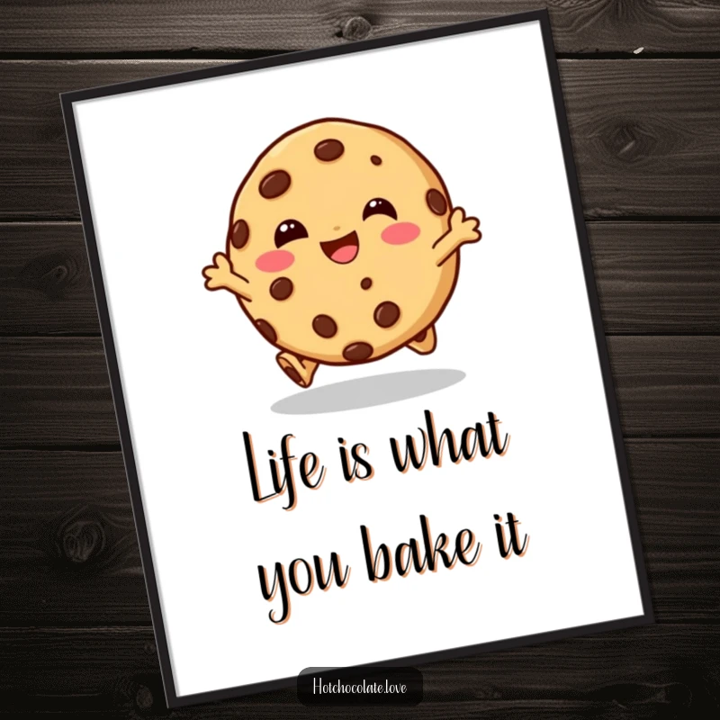 Funny Free Printable Wall Art depicting a delighted chocolate chip cookie character in mid-hop with a wide giggle.