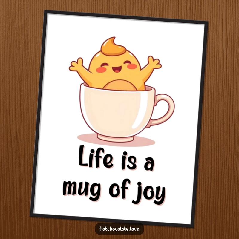 Funny free printable wall art: A delightful caramel blob doing joyful leaps inside a warm mug illustration.