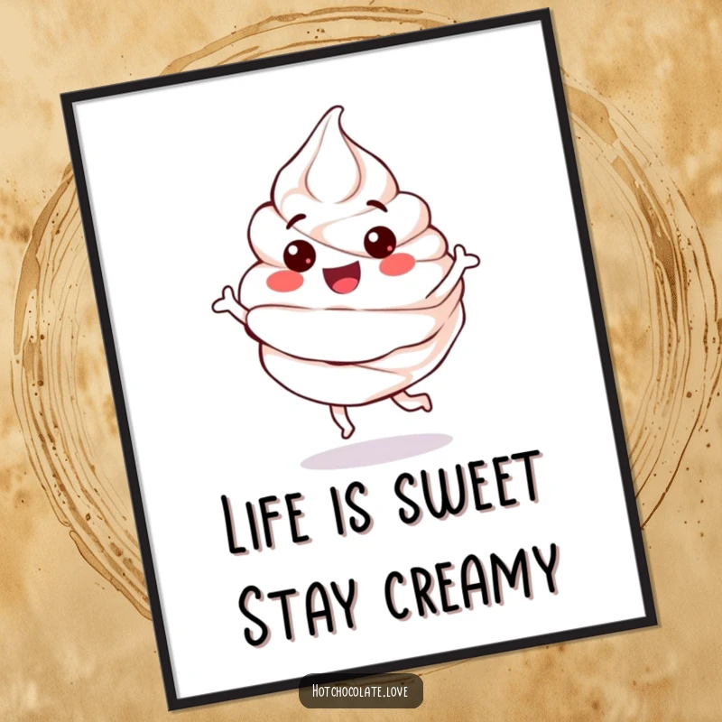 Funny Free Printable Wall Art: A happy, anthropomorphic whipped cream dollop performs a joyful bounce, spreading sweetness and smiles.
