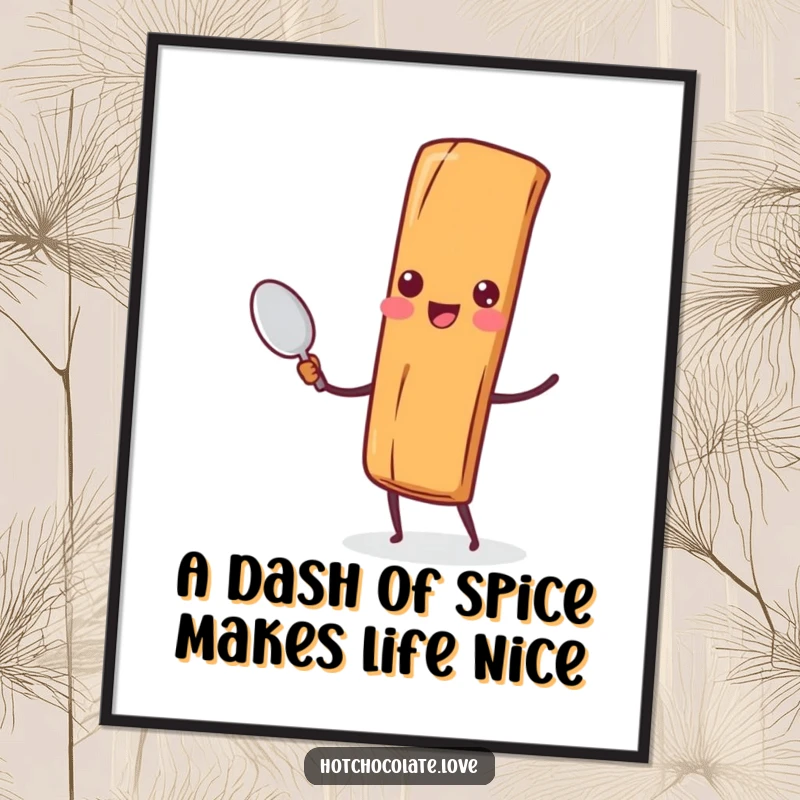 Funny Free Printable Wall Art featuring a cheerful cinnamon stick character holding a tiny spoon, adding a touch of quirky decor.