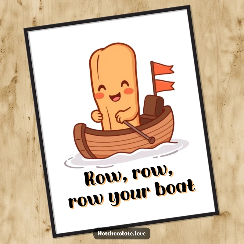 Funny free printable wall art: A grinning anthropomorphic cinnamon stick triumphantly rowing a tiny chocolate boat illustration.