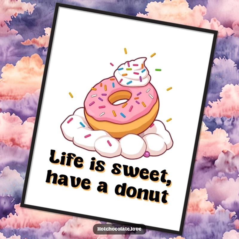 Funny Free Printable Wall Art: A playful donut with sprinkles frolicking joyfully in a swirl of whipped cream.
