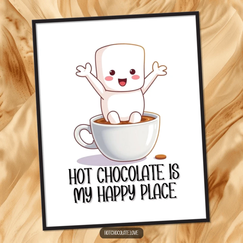 Funny Free Printable Wall Art, a cheerful marshmallow person joyfully leaping into a steaming mug of hot chocolate.