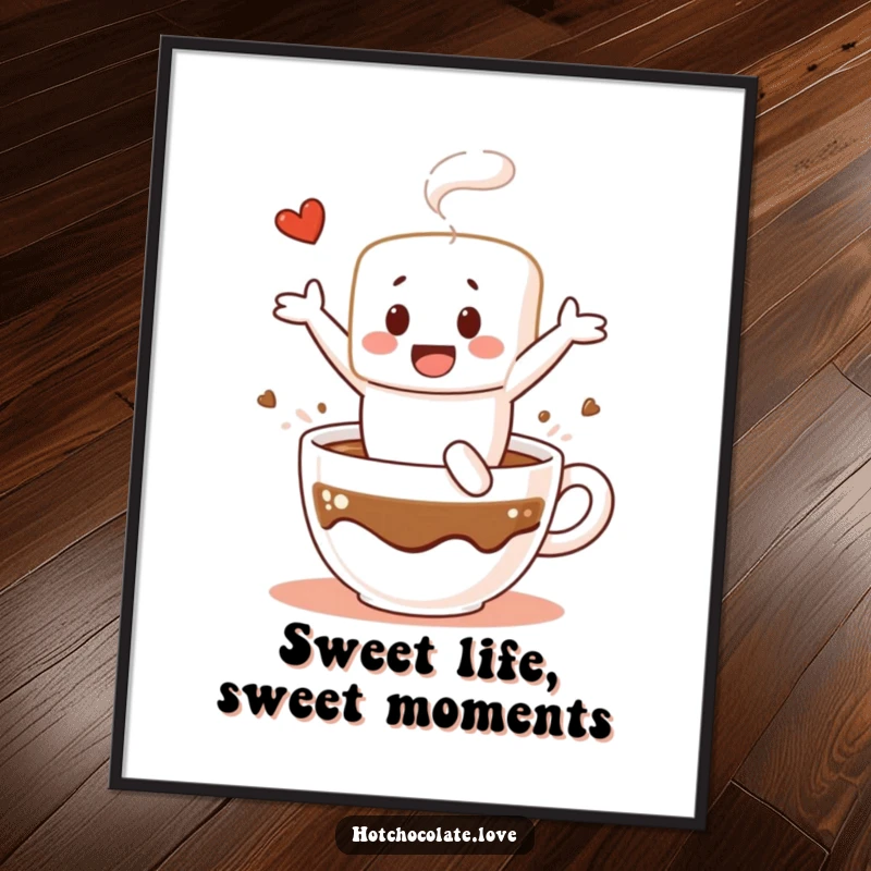 Funny Free Printable Wall Art: A cheerful marshmallow person gleefully leaps into a steaming mug of hot chocolate, mid-dive.