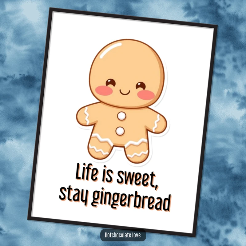 Funny Free Printable Wall Art of a blushing gingerbread man with a shy smile offering a warm, inviting greeting.
