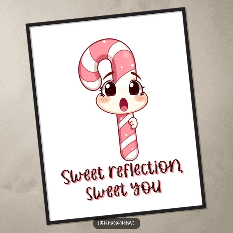 Funny Free Printable Wall Art featuring a surprised candy cane looking at its reflection, adding a quirky humorous vibe.
