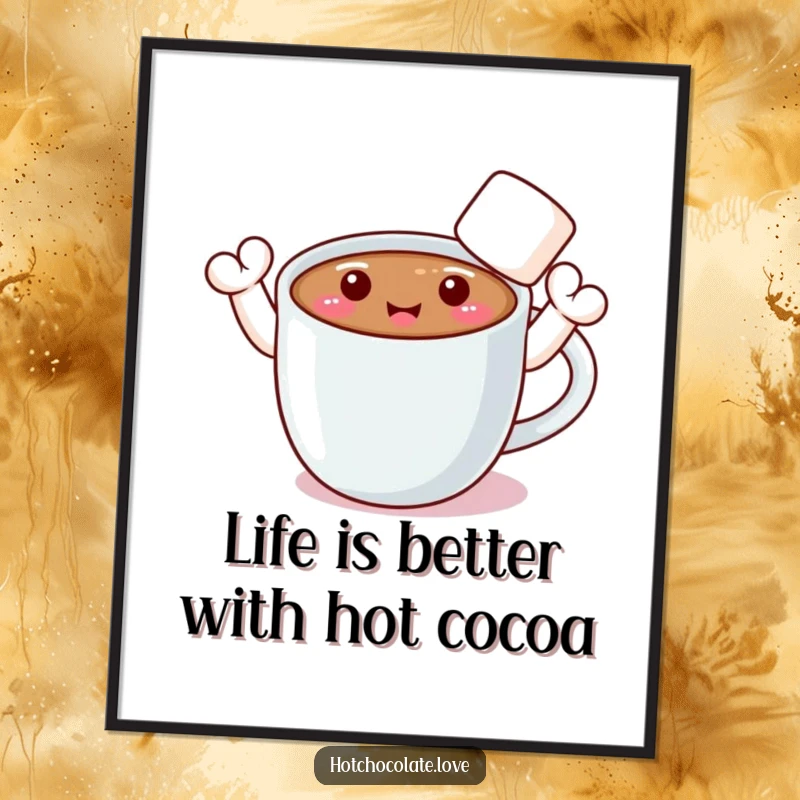 Funny Free Printable Wall Art: A smiling mug of hot chocolate with marshmallow arms waving a friendly greeting.