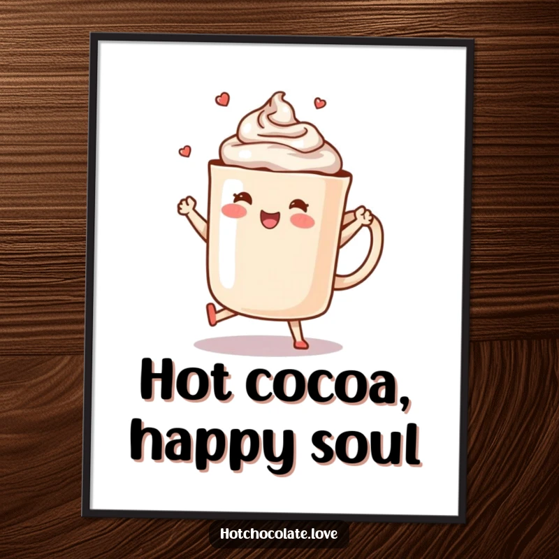 Funny Free Printable Wall Art: A steaming mug of hot chocolate anthropomorphized, doing a silly happy dance with pure, warm delight.
