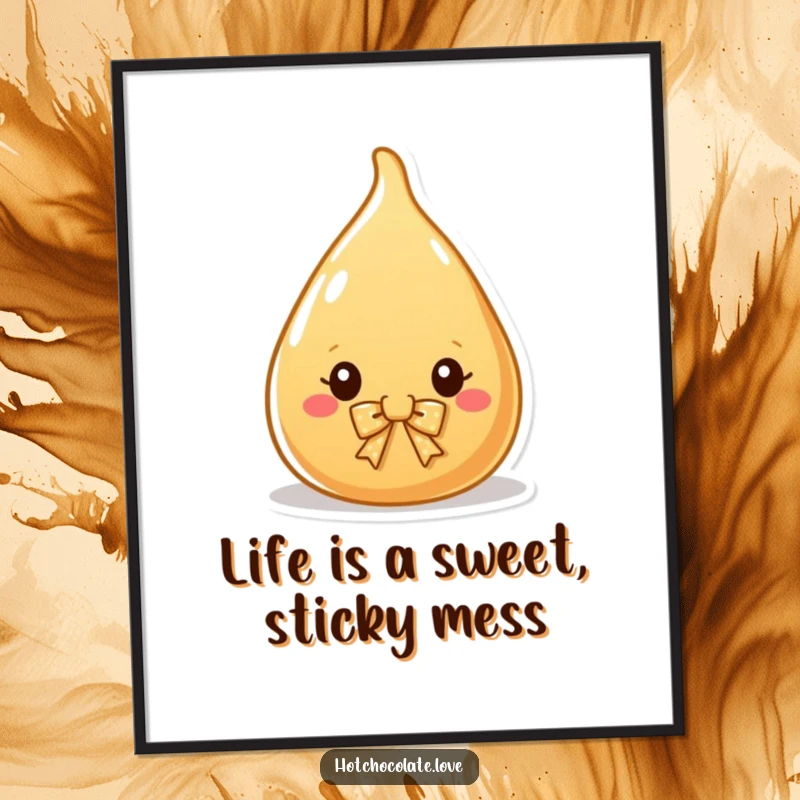 Funny Free Printable Wall Art showcasing a charming caramel drop character wearing a tiny, perfectly tied bow.