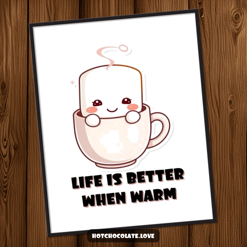 Funny Free Printable Wall Art: A smiling marshmallow sits cozily within a steaming mug.