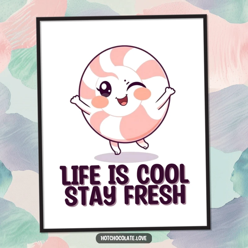 Funny Free Printable Wall Art showing a winking peppermint character in a cheerful, energetic spin.