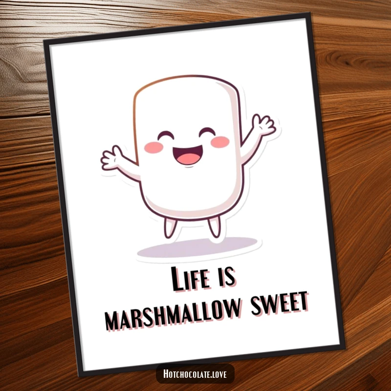 Funny Free Printable Wall Art: grinning marshmallow caught mid-silly dance, arms and legs flailing in a hilarious, joyful pose.