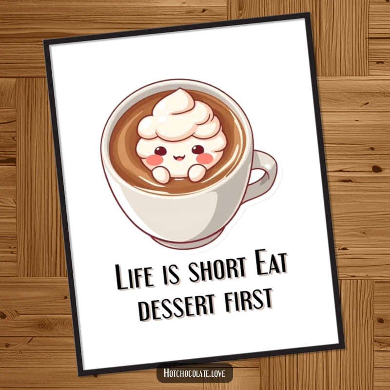 Funny Free Printable Wall Art showing a cheerful cocoa powder puff character floating happily in a steamy mug of cocoa.