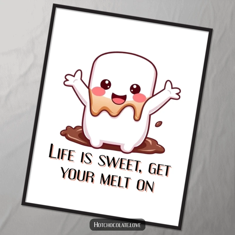 Funny Free Printable Wall Art: A happy marshmallow blissfully sinks into chocolate, embodying pure joy and relaxation.