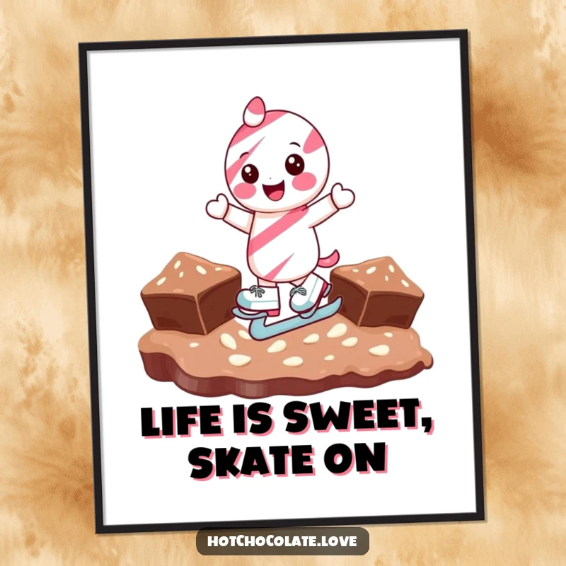 Funny free printable wall art of a smiling candy cane character ice skating merrily on a chocolate surface.