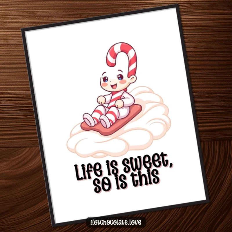 Funny Free Printable Wall Art, a smiling candy cane character joyfully sliding down a fluffy slope of whipped cream.
