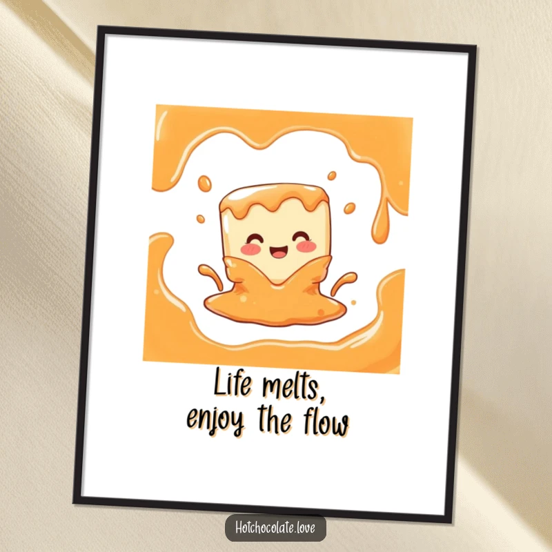 Funny Free Printable Wall Art: A joyful caramel cube character melting into a rich liquid puddle, adding quirky decor.