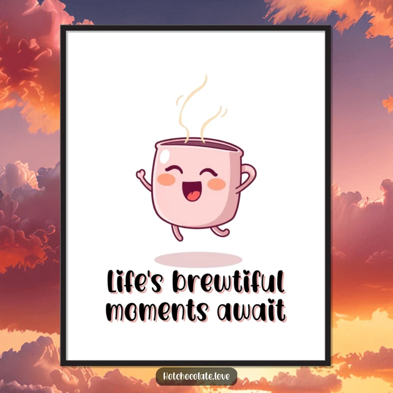 Funny free printable wall art of a steaming mug with legs performing a spontaneous, joyful jump.