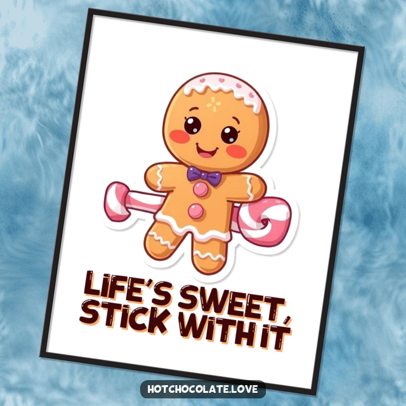 Funny free printable wall art featuring a cheerful gingerbread man joyfully riding a peppermint stick in a festive scene.
