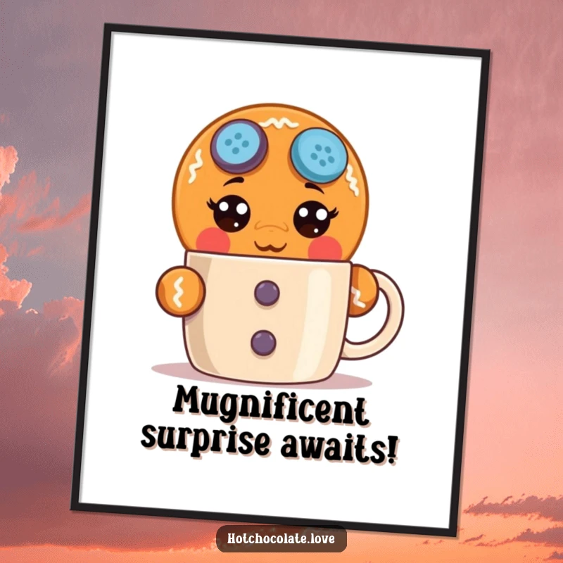 Funny Free Printable Wall Art: Gingerbread man with wide-open eyes, peeking over a coffee mug, comical.