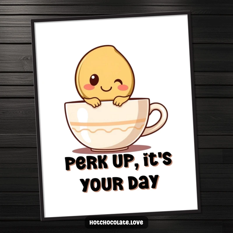 Funny Free Printable Wall Art: A smiling coffee bean character peeking over the rim of a coffee cup.