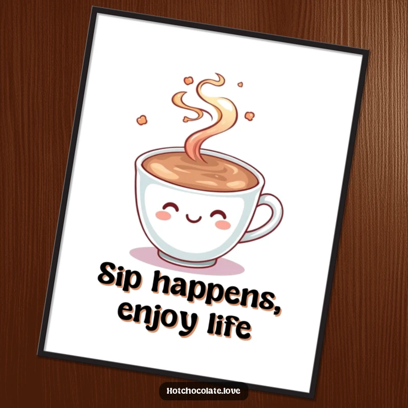 Funny Free Printable Wall Art: A smiling cup of hot chocolate with steam playfully swirling in the air.