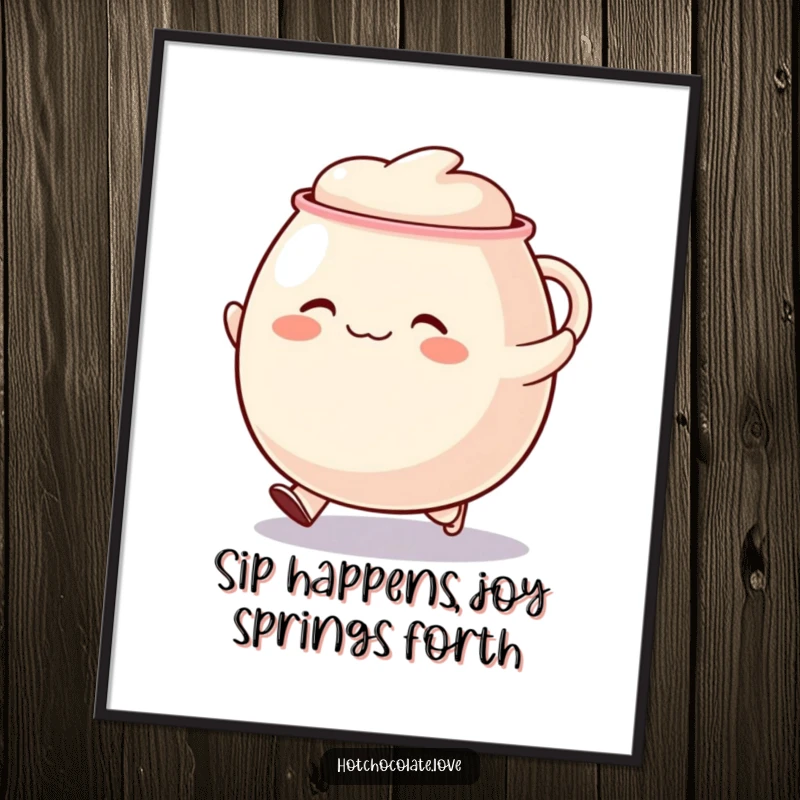 Funny Free Printable wall art of a plump, happy mug doing a little skip, adding a whimsical and joyful touch to decor.