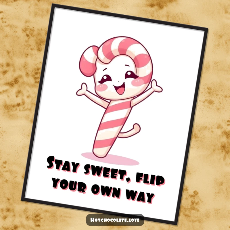 Funny free printable wall art showcasing a winking candy cane energetically doing a cartwheel, full of playful spirit.