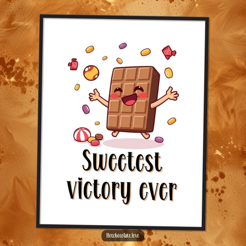 Funny Free Printable Wall Art: joyful chocolate bar with a wide grin, skillfully juggling multiple small candies in a dynamic display.