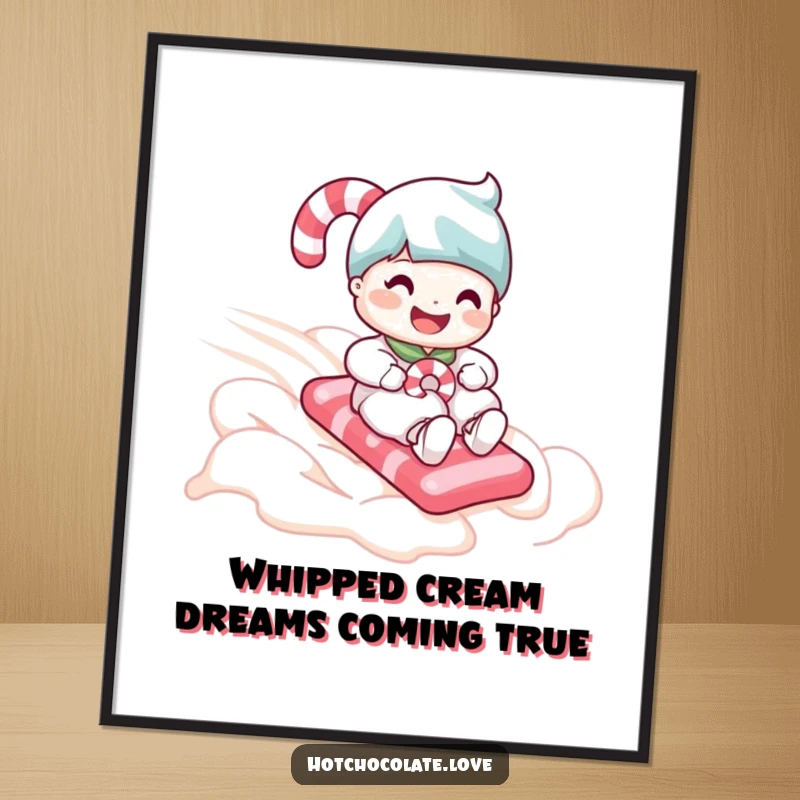 Funny Free Printable Wall Art featuring a grinning candy cane sledding on whipped cream, perfect downloadable art for any room.
