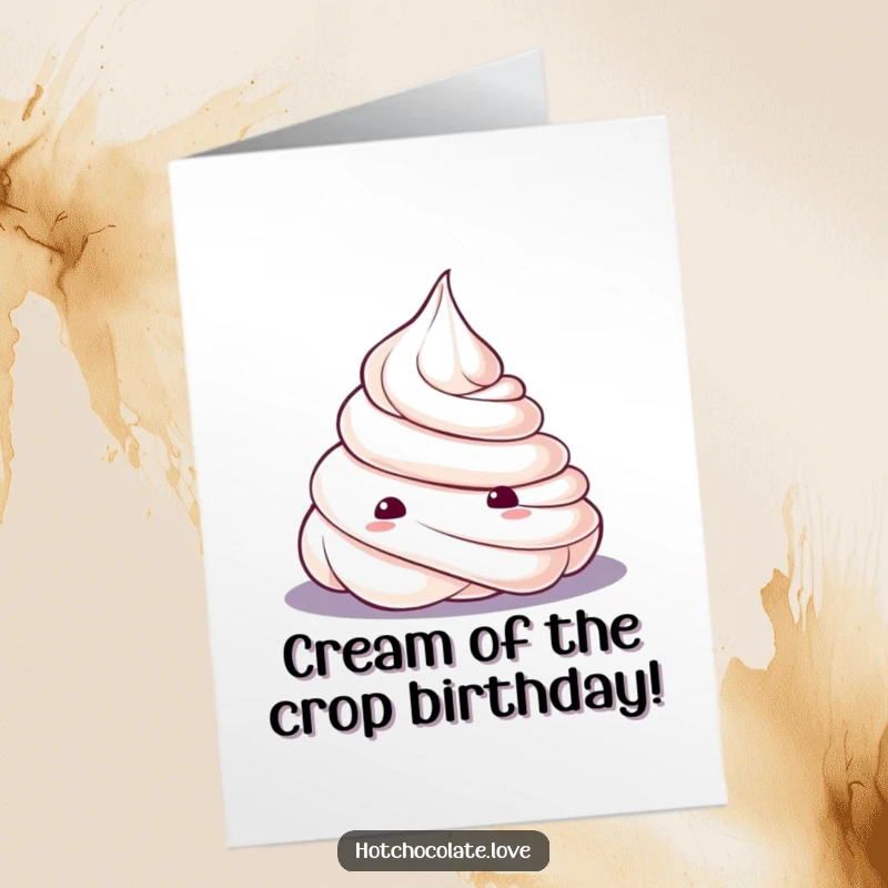 Funny Free Printable Happy Birthday Card featuring a curious whipped cream dollop peeking out with exaggerated surprise.