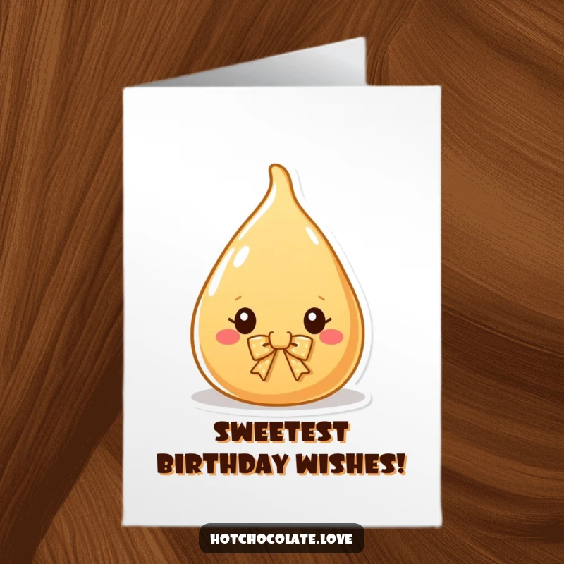 Funny Free Printable Happy Birthday Card showing a charming caramel drop adorned with a tiny, stylish bow.