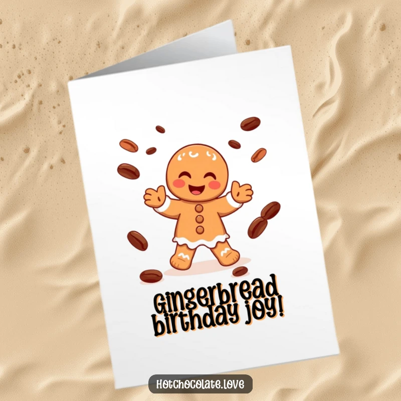 Funny Free Printable Birthday Card of a happy gingerbread man character juggling cocoa beans with immense glee and festive spirit.