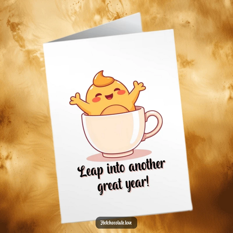 Funny free printable birthday card: Bouncing caramel blob doing joyful leaps inside a cozy, warm mug illustration.