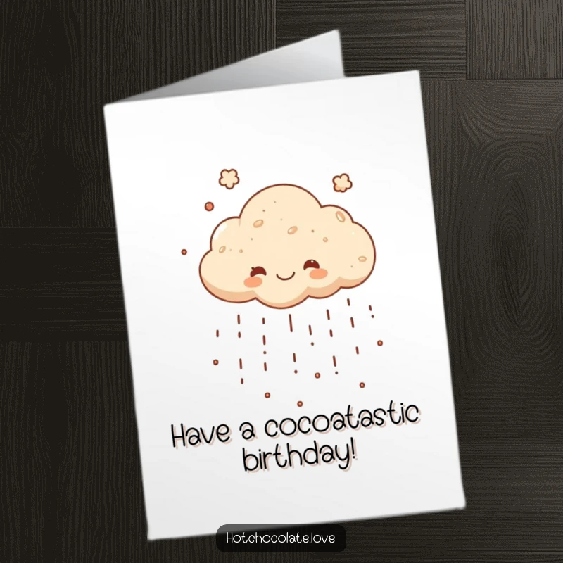 Funny Free Printable Birthday Card: A cheerful cocoa powder cloud happily raining down sweet, chocolatey birthday wishes.